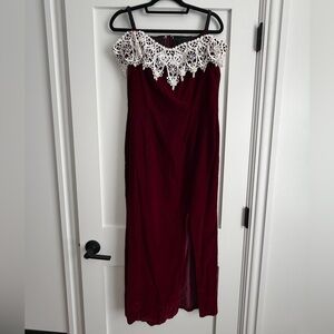 Elegant velvet deep red and White Lace Off-Shoulder Dress